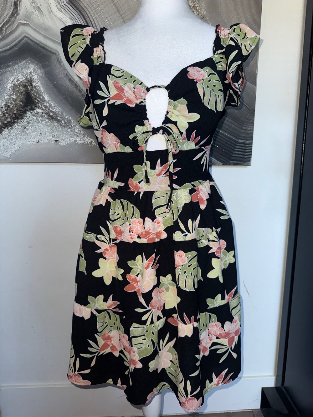 Floral Cutout Sundress - Black with Pink & Green Floral